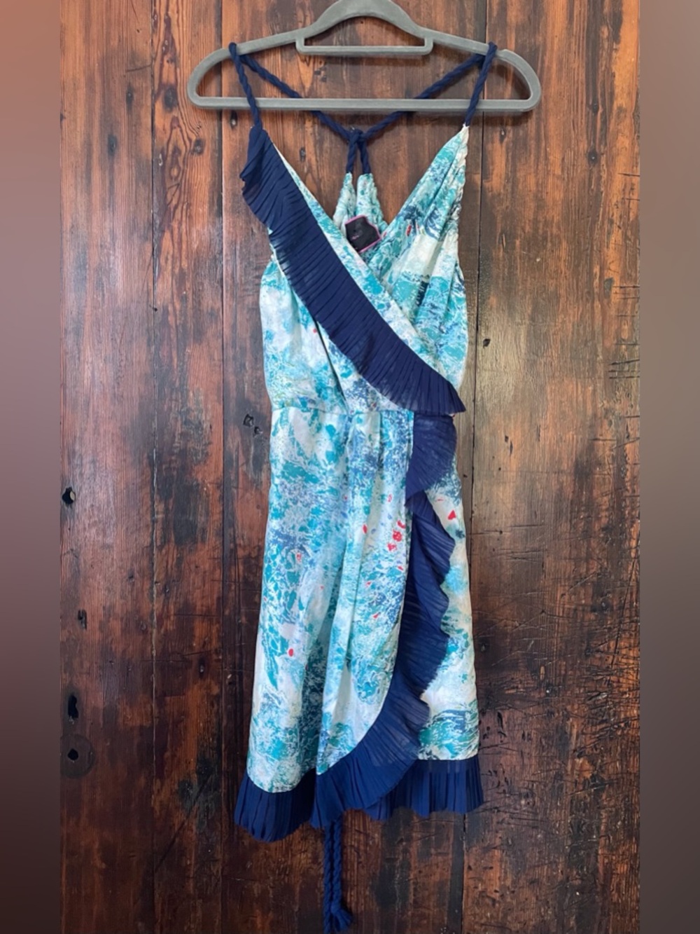 100% Silk Lulu via Dress With  Vibrant Aqua Abstract Pattern Navy Blue Trim